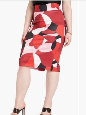 Bold Abstract Print Pencil Skirt. Black, beige, orange